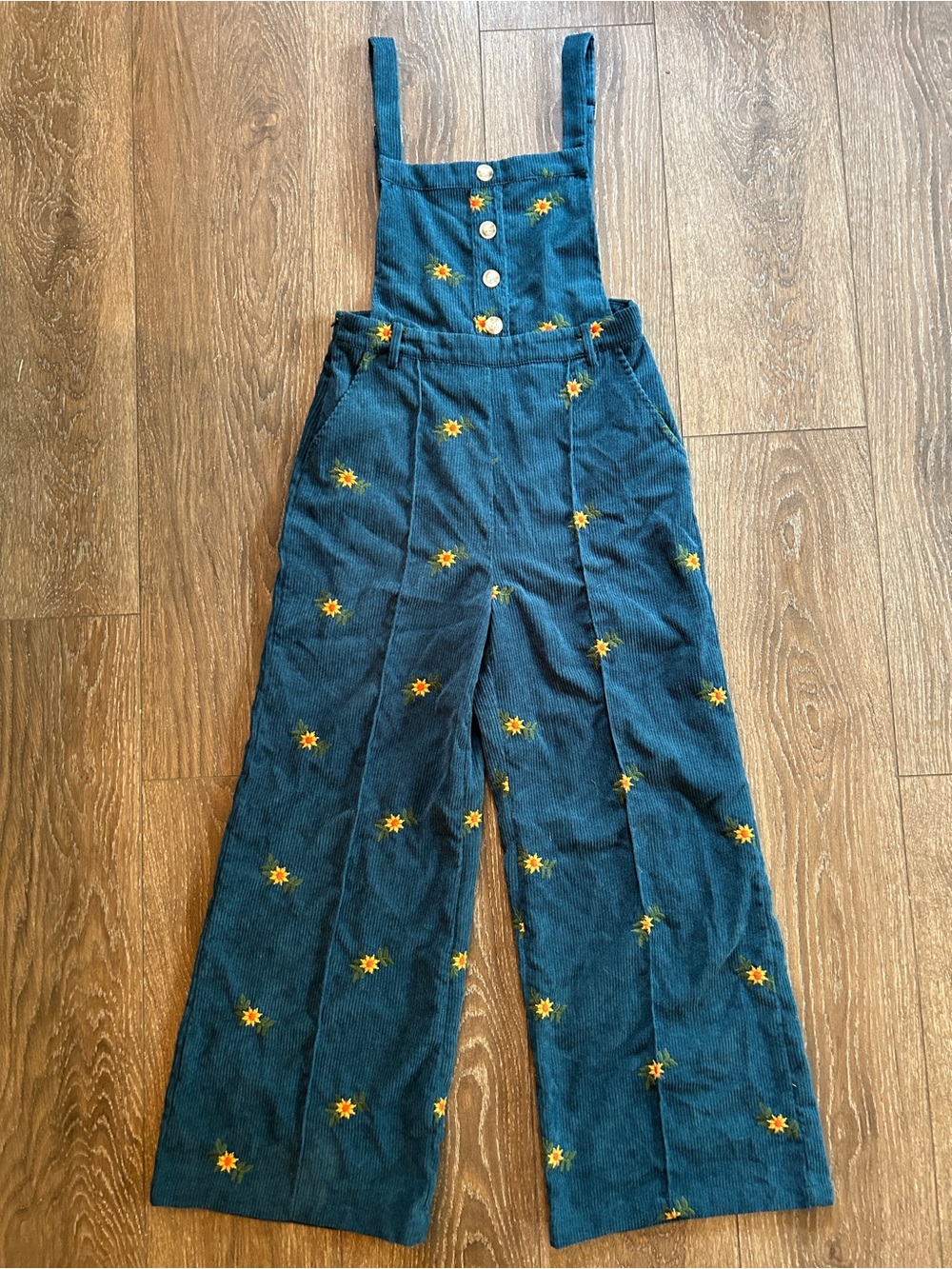 Cider Teal Corduroy Floral-Embroidered Overalls